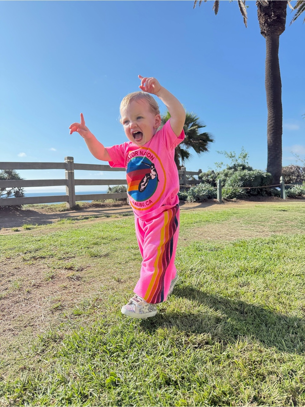 Aviator nation Bright Pink Kids Tee & Jogger Set with Rainbow Graphic